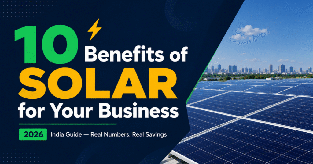 10 benefits solar power Indian businesses 2026 radial wheel infographic teal green