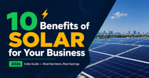 10 benefits solar power Indian businesses 2026 radial wheel infographic teal green