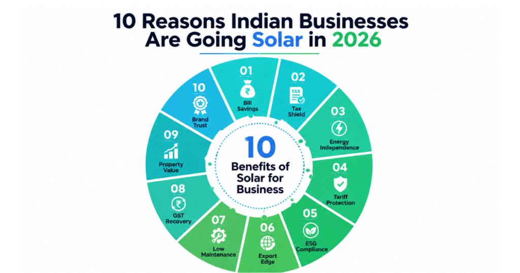 10 benefits solar power Indian businesses 2026 radial wheel infographic teal green