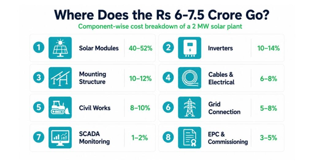 2MW solar plant cost component breakdown 8 items modules inverter structure cables civil grid SCADA EPC India 2026 
