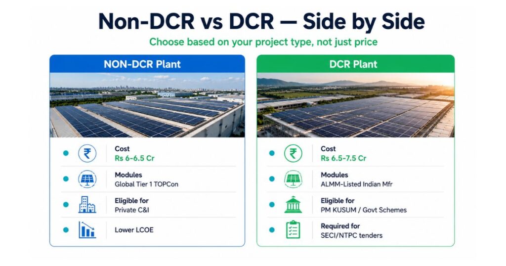 DCR vs non-DCR solar plant comparison India 2026 cost eligibility scheme compliance private commercial 