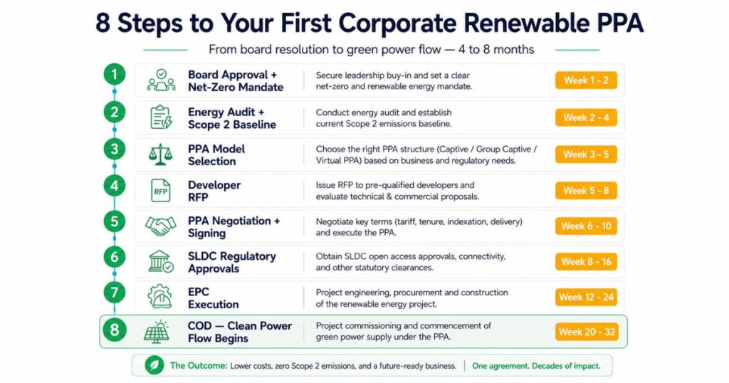renewable power purchase agreement process steps India corporate net zero 2026 solar PPA guide