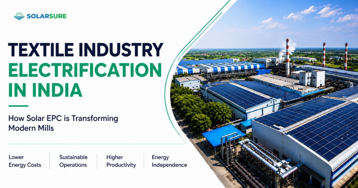 Textile Industry Electrification in India with rooftop solar panels installed on a modern textile manufacturing plant.