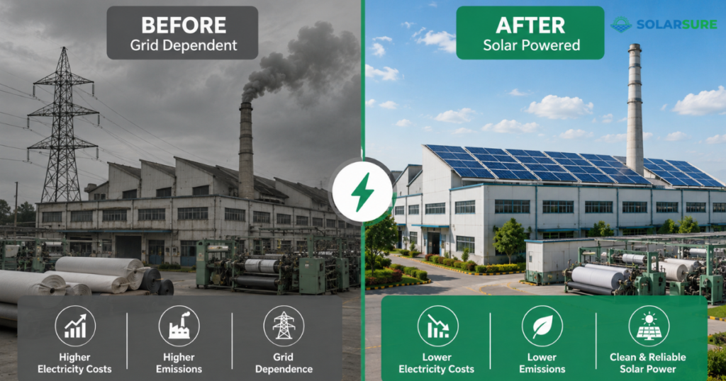 Before and after comparison of a textile mill before and after Solar EPC installation for textile industry electrification in India.