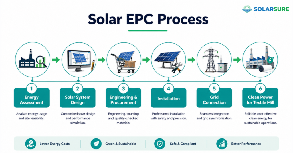 Flow diagram showing the Solar EPC process for powering textile mills with solar energy.