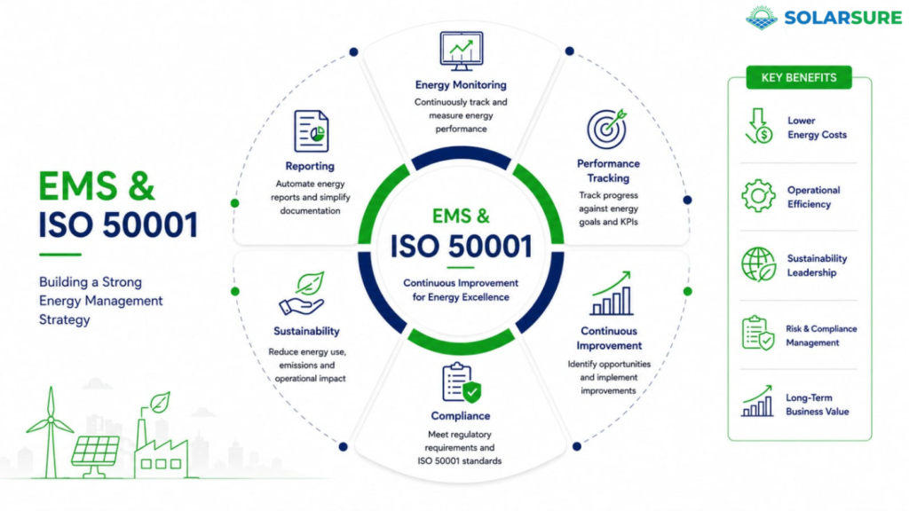 Infographic showing how EMS and ISO 50001 improve energy monitoring, compliance, sustainability, and operational efficiency.