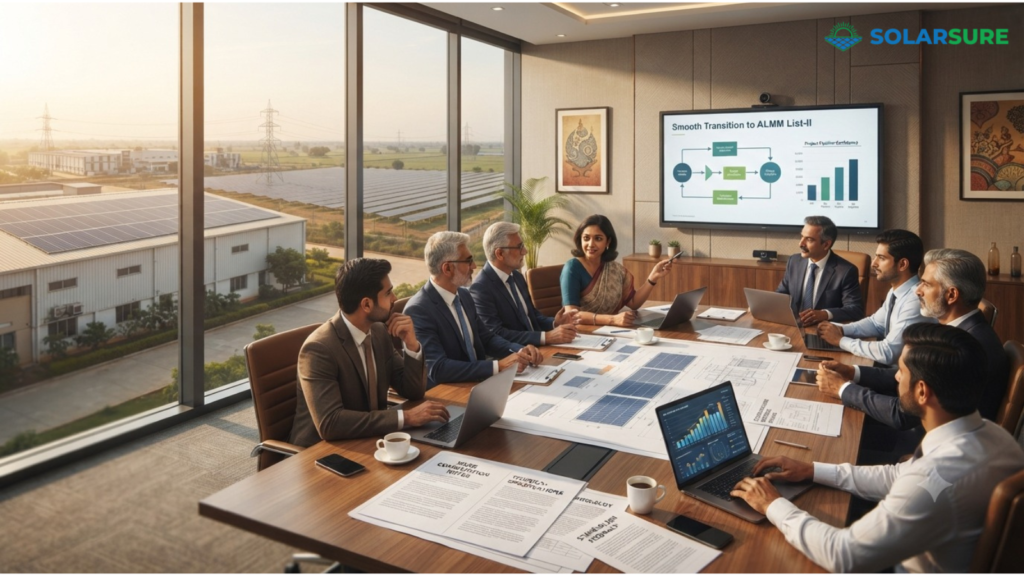 Boardroom meeting on the ALMM Update 2026, highlighting procurement strategy, stakeholder planning, and solar project compliance in India.