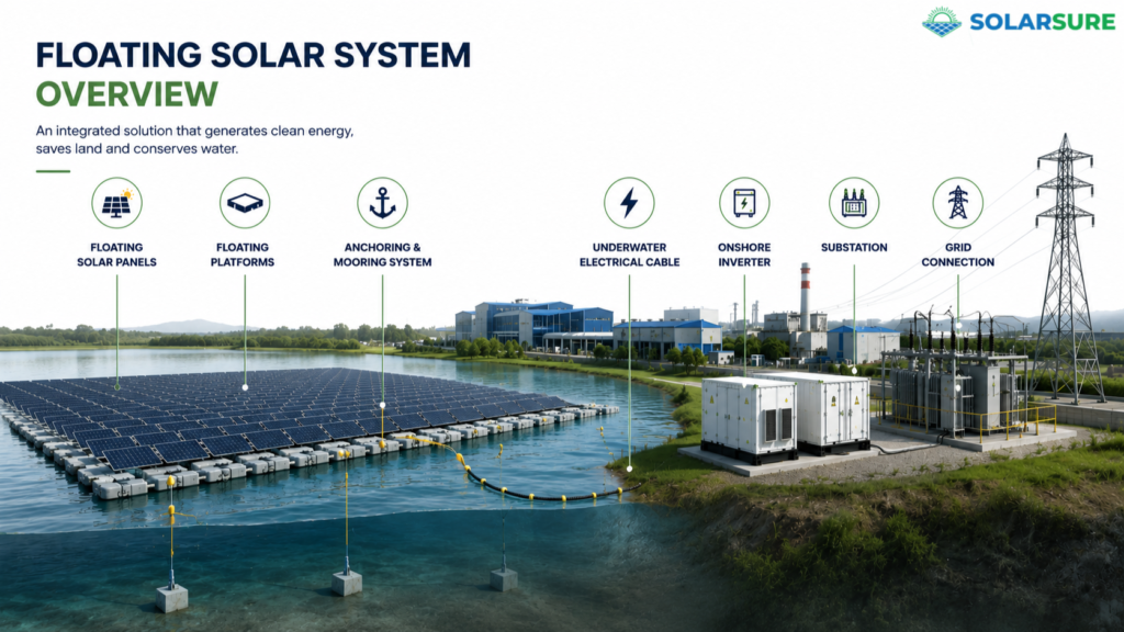 Floating solar system overview illustrating floating solar panels, floating platforms, anchoring and mooring system, underwater electrical cables, onshore inverter, substation, and grid connection.