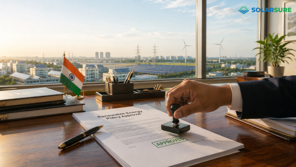 Official policy approval symbolizing the ALMM Update 2026 and regulatory compliance for commercial and industrial solar projects.