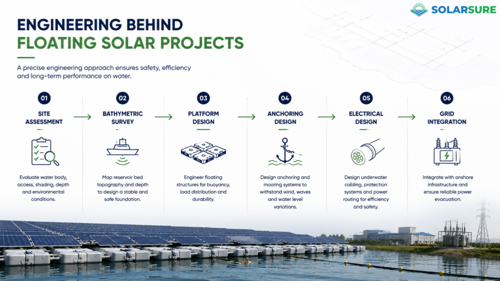 Engineering workflow for floating solar projects showing site assessment, bathymetric survey, platform design, anchoring design, electrical design, and grid integration.