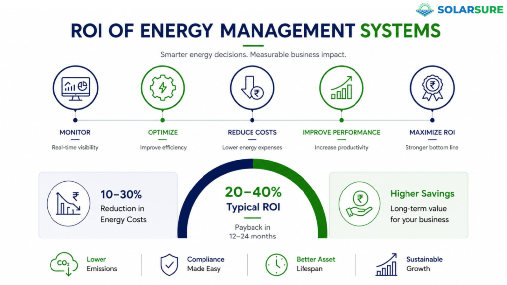 Infographic highlighting the ROI of Energy Management Systems through cost savings, improved efficiency, and business growth.
