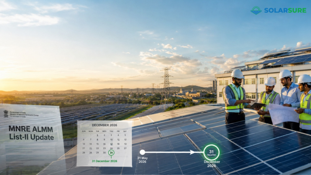 ALMM Update 2026 timeline showing MNRE List-II clarification and the 31 December 2026 deadline for eligible Open Access and Net Metering solar projects.