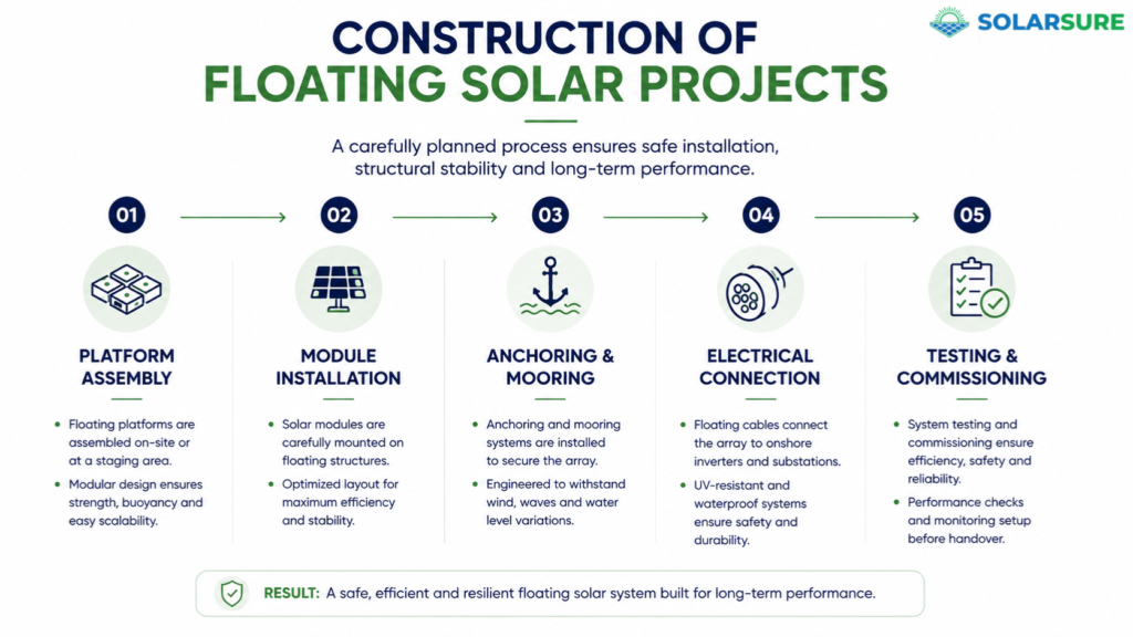 Construction process of floating solar projects illustrating platform assembly, solar module installation, anchoring and mooring, electrical connection, and testing and commissioning.