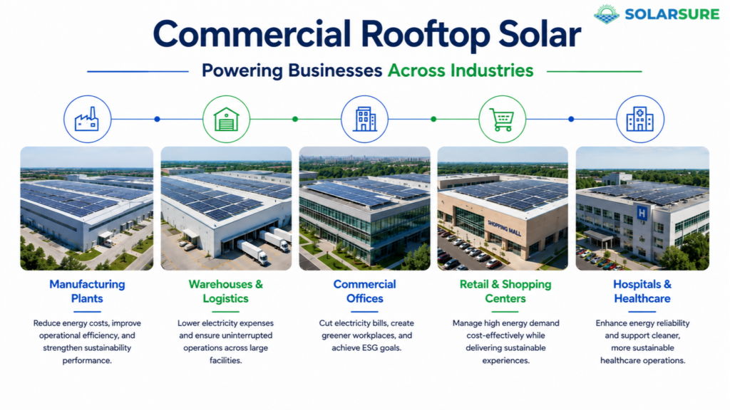 Commercial rooftop solar installations across manufacturing plants, warehouses, commercial offices, retail shopping centers, and hospitals, demonstrating industry-wide adoption of solar energy solutions.