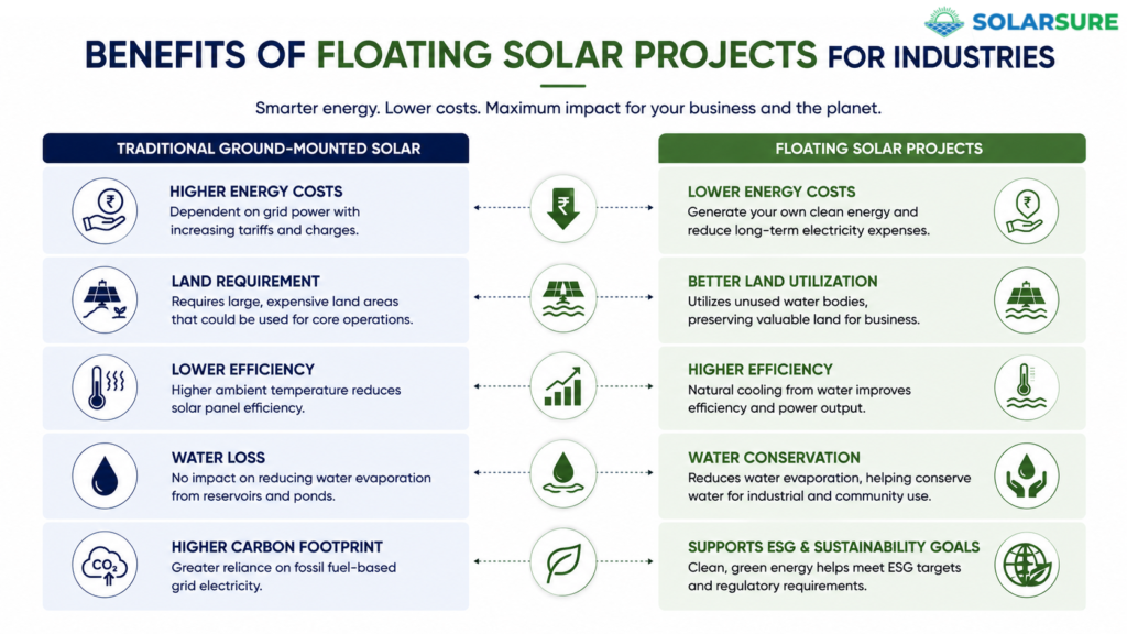 Comparison between traditional ground-mounted solar and floating solar projects highlighting lower energy costs, better land utilisation, higher efficiency, water conservation, and ESG benefits.