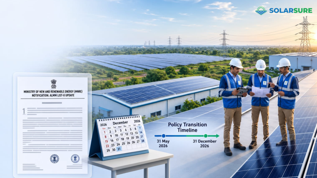 ALMM Update 2026 illustration showing the MNRE notification, policy transition timeline, and engineers reviewing compliance for solar projects in India.