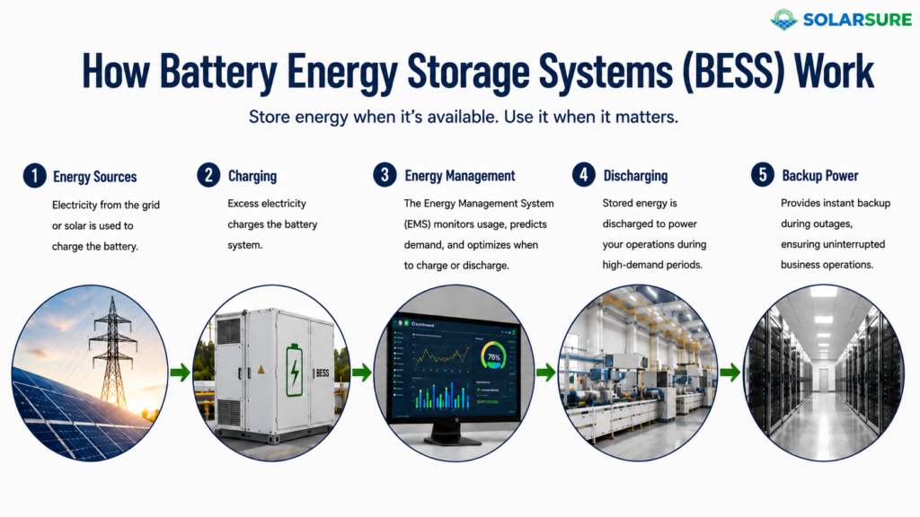 How Battery Energy Storage Systems (BESS) work, showing energy storage, charging, energy management system, discharging, and backup power process