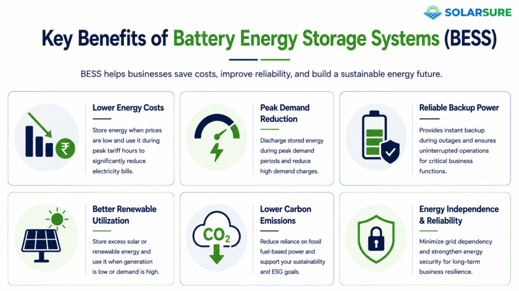 Key benefits of Battery Energy Storage Systems (BESS), including lower electricity costs, renewable energy utilization, backup power, lower carbon emissions, and energy independence.