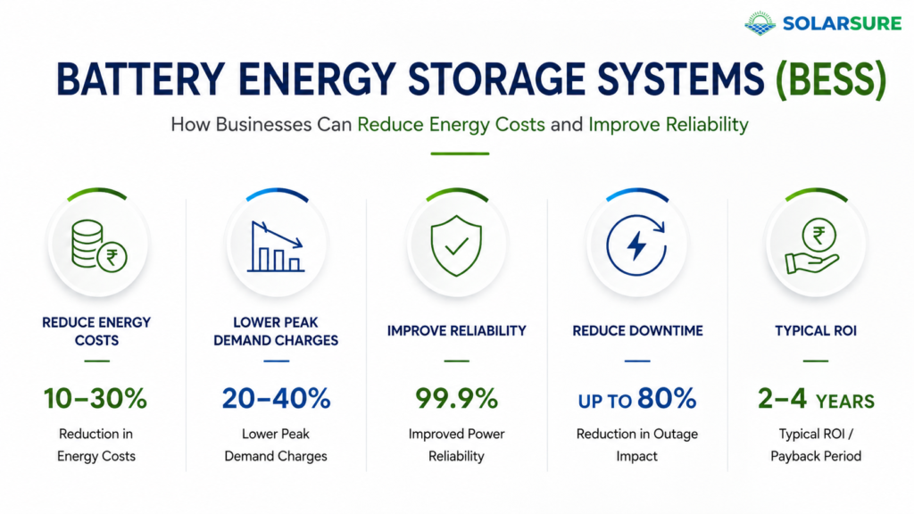 Business benefits of Battery Energy Storage Systems (BESS), including lower energy costs, reduced peak demand charges, improved reliability, reduced downtime, and faster ROI