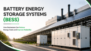 Battery Energy Storage Systems (BESS) installed at an industrial facility with rooftop solar panels, illustrating how businesses can reduce energy costs and improve power reliability.