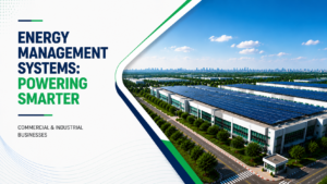 Energy management systems for commercial and industrial businesses featuring a modern factory with rooftop solar panels.