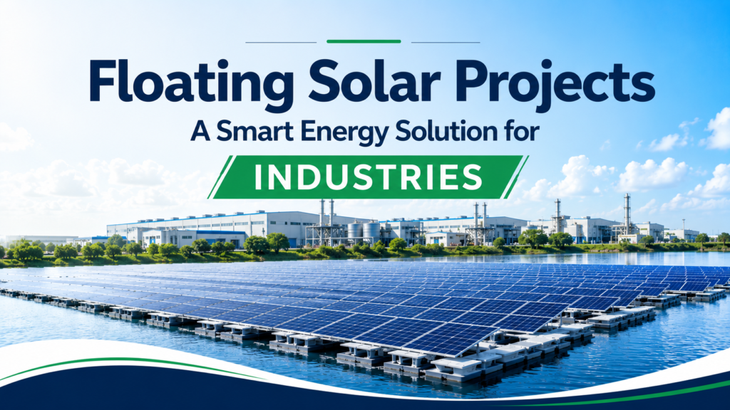 Floating solar panels installed on a water body near an industrial facility, illustrating floating solar projects as a smart renewable energy solution for industries