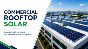 A modern commercial industrial building with a large rooftop solar panel installation under a clear blue sky, illustrating how commercial rooftop solar helps businesses reduce electricity costs and support sustainable business growth.