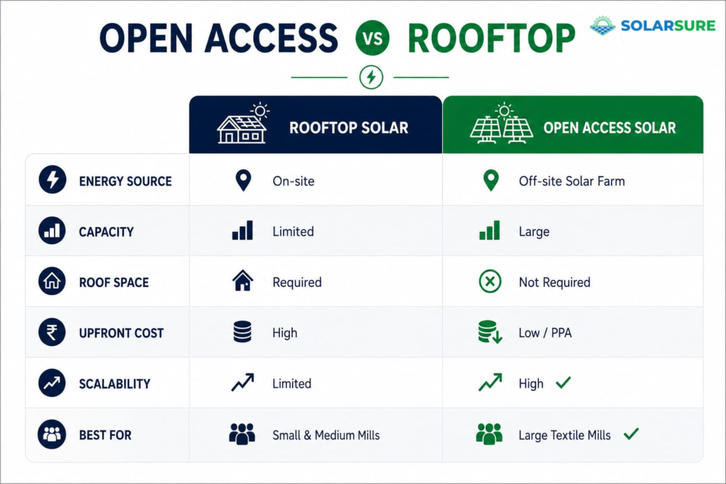 Comparison chart showing Open Access Solar vs Rooftop Solar for textile mills, highlighting differences in capacity, roof space requirements, upfront cost, scalability, and suitability for industrial manufacturers