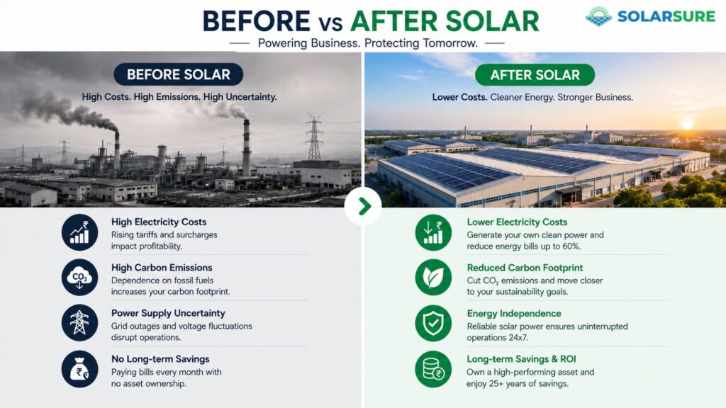 Business operations before and after adopting solar energy showing lower electricity costs and reduced carbon emissions