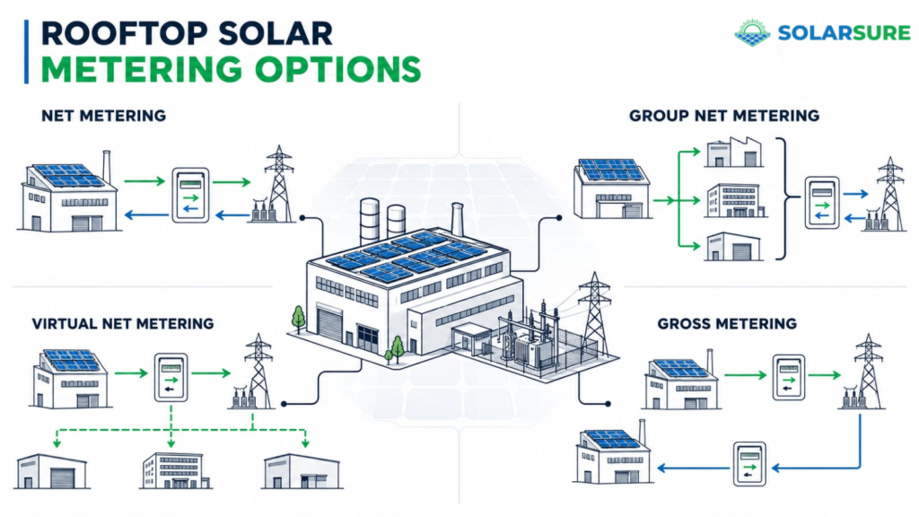Rooftop solar metering options showing net, group net, virtual net and gross metering.