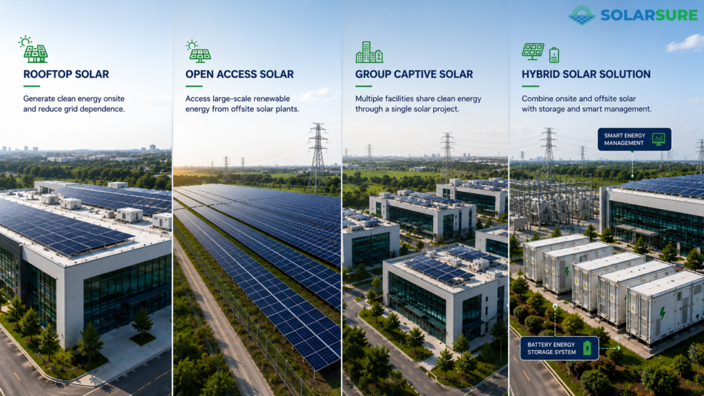 Comparison of rooftop solar, open access solar, group captive solar, and hybrid solar deployment models for powering data centers with renewable energy.