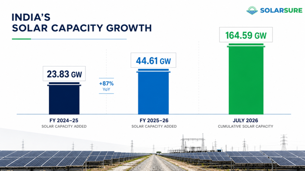 India solar capacity growth from 23.83 GW added in FY 2024–25 to 164.59 GW cumulative capacity in July 2026