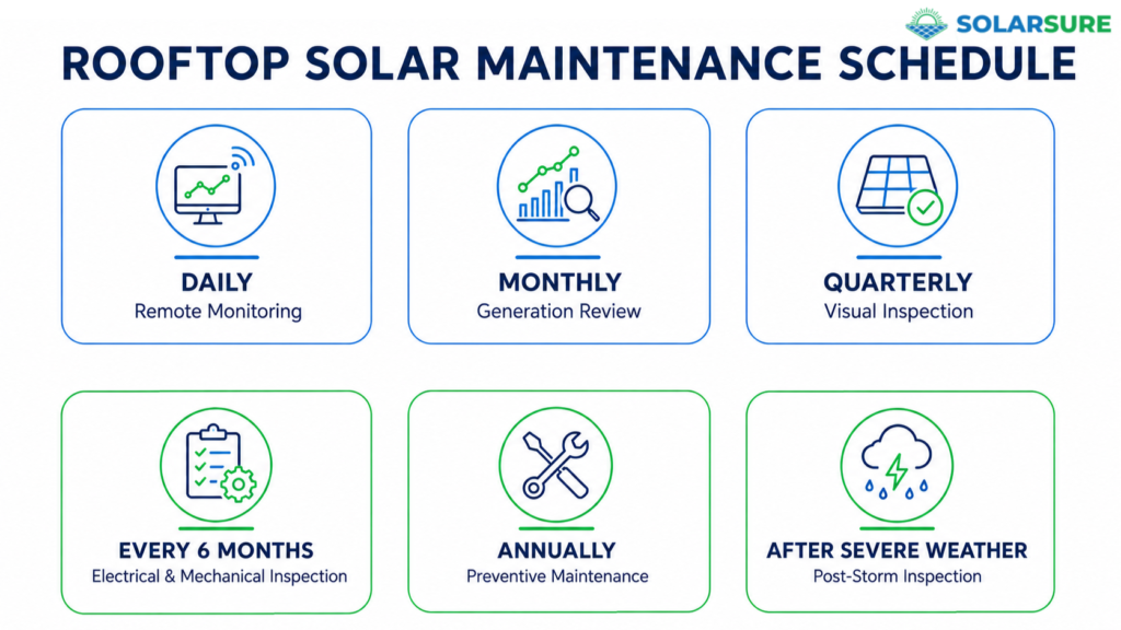 Rooftop solar maintenance schedule showing daily, monthly, quarterly, six-monthly, annual and post-storm checks.