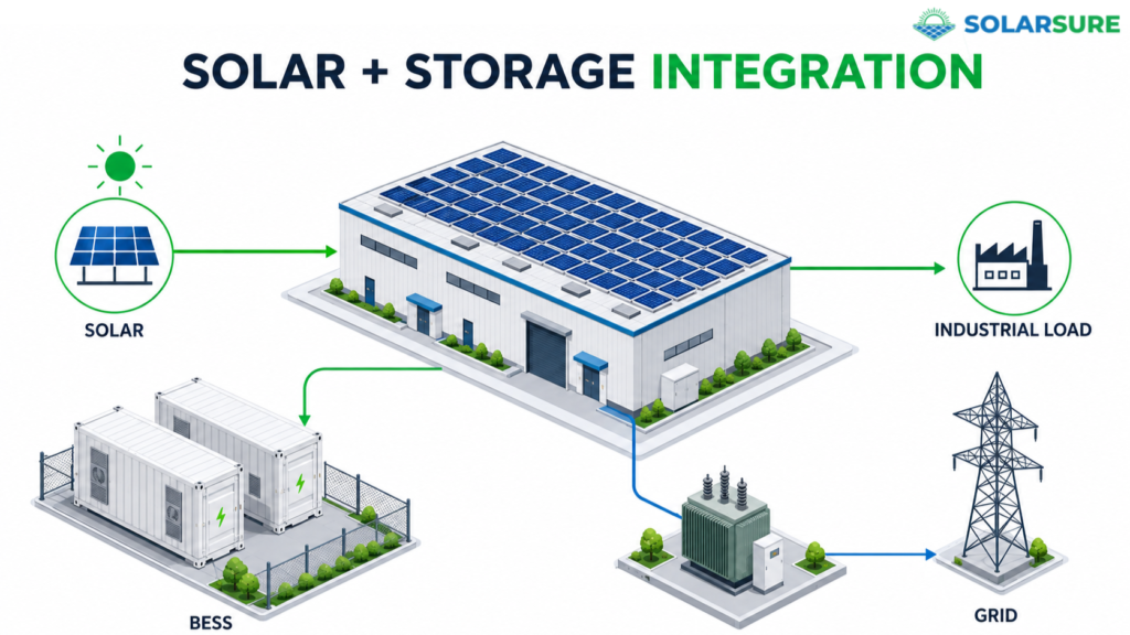 Solar and battery storage integration for an industrial facility
