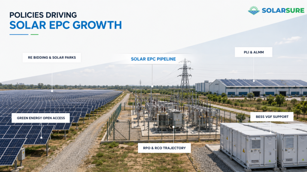 Government policies driving solar EPC growth through renewable bidding, open access, manufacturing and BESS support