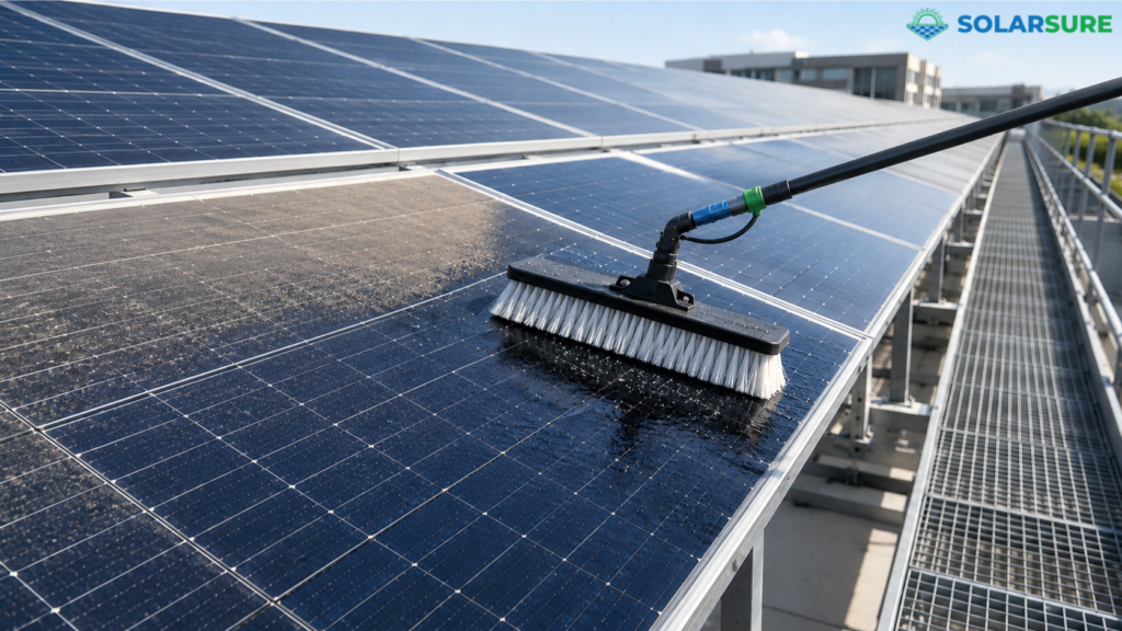 Soft-bristle brush cleaning dusty commercial rooftop solar panels using water and a telescopic pole.