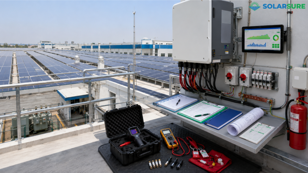 Safety testing and performance monitoring equipment for an industrial solar plant