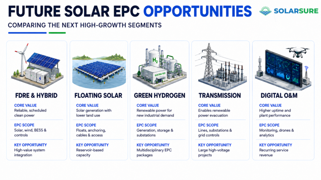 Comparison of future solar EPC opportunities across hybrid projects, floating solar, green hydrogen, transmission and digital O&M