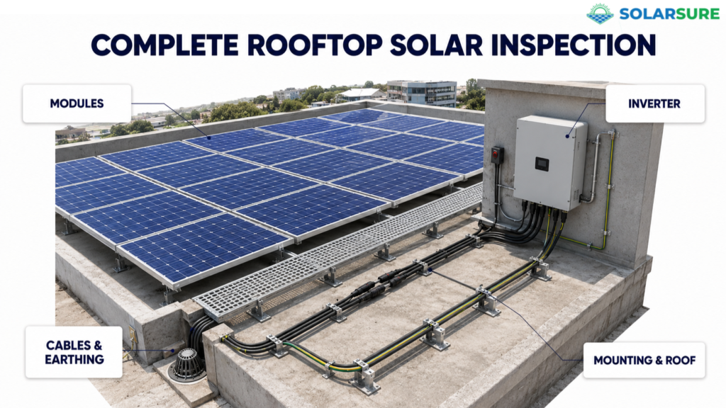Commercial rooftop solar inspection covering panels, inverter, cables, earthing, mounting structure and roof condition.
