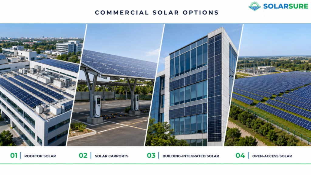 Commercial solar options including rooftop, carport and open-access solar