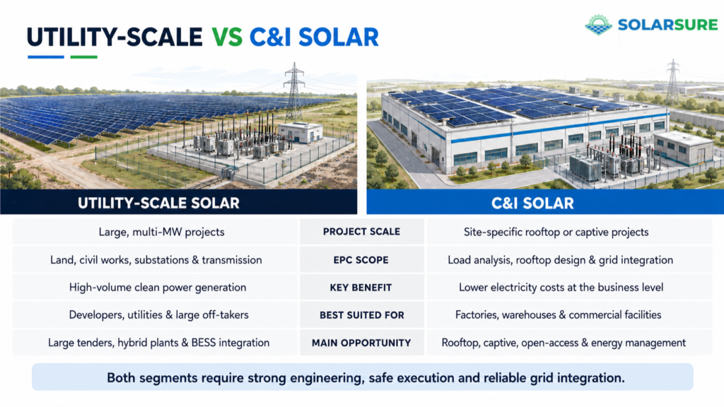 Comparison of utility-scale and C&I solar projects by scale, EPC scope, benefits and business opportunities