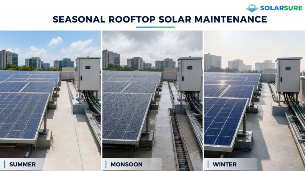 Seasonal rooftop solar maintenance showing summer cleaning, monsoon drainage checks and winter thermal inspection.