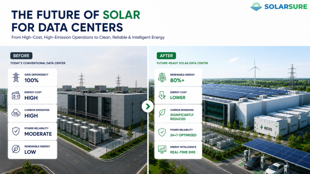 Before-and-after comparison showing how solar panels, battery energy storage systems (BESS), and EMS transform conventional data centers into energy-efficient, low-carbon facilities.