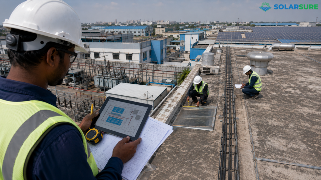 Engineers conducting a technical survey for an industrial rooftop solar project