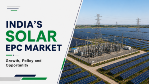 India’s solar EPC market with a utility-scale solar plant, electrical substation and transmission infrastructure.