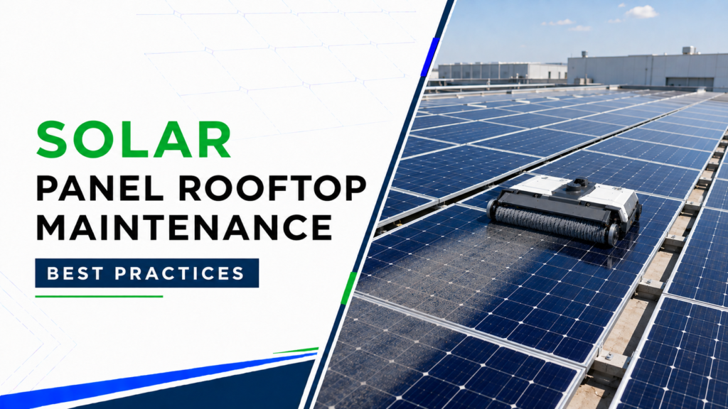 Automated cleaning robot maintaining solar panels on a commercial rooftop, illustrating rooftop maintenance best practices.