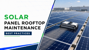Automated cleaning robot maintaining solar panels on a commercial rooftop, illustrating rooftop maintenance best practices.
