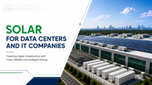 Modern data center powered by rooftop solar panels and battery storage.
