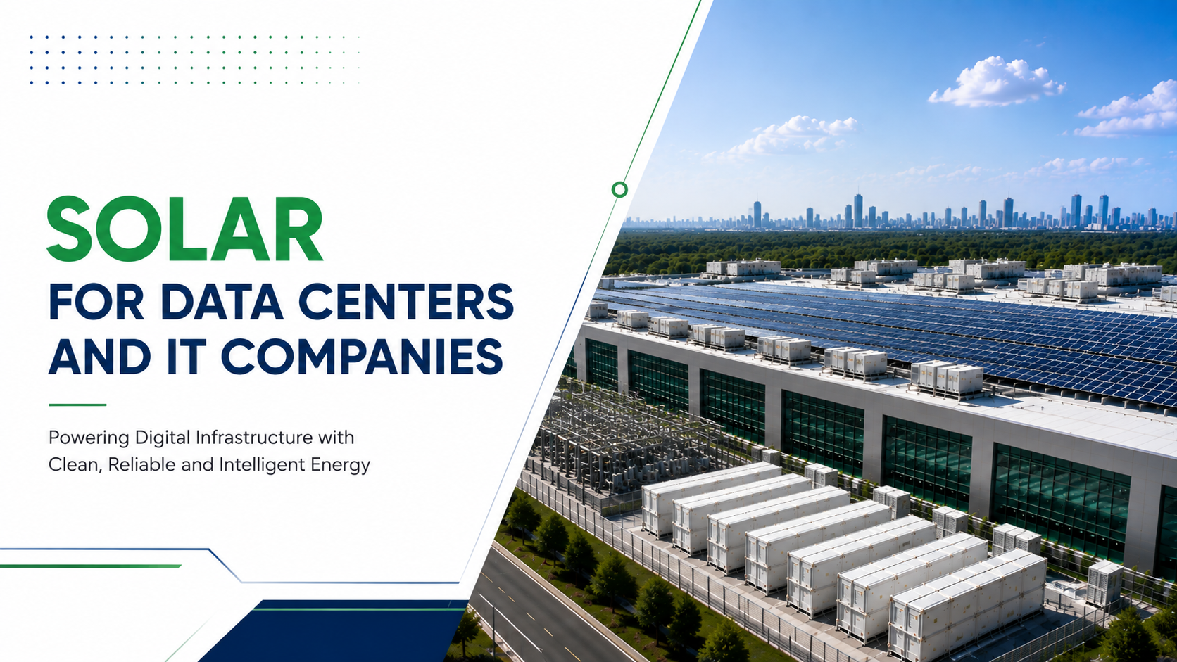Modern data center powered by rooftop solar panels and battery storage.